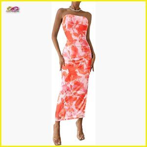 Strapless Maxi Bodycon Dress Floral Mesh Elegant Wedding Guest Party